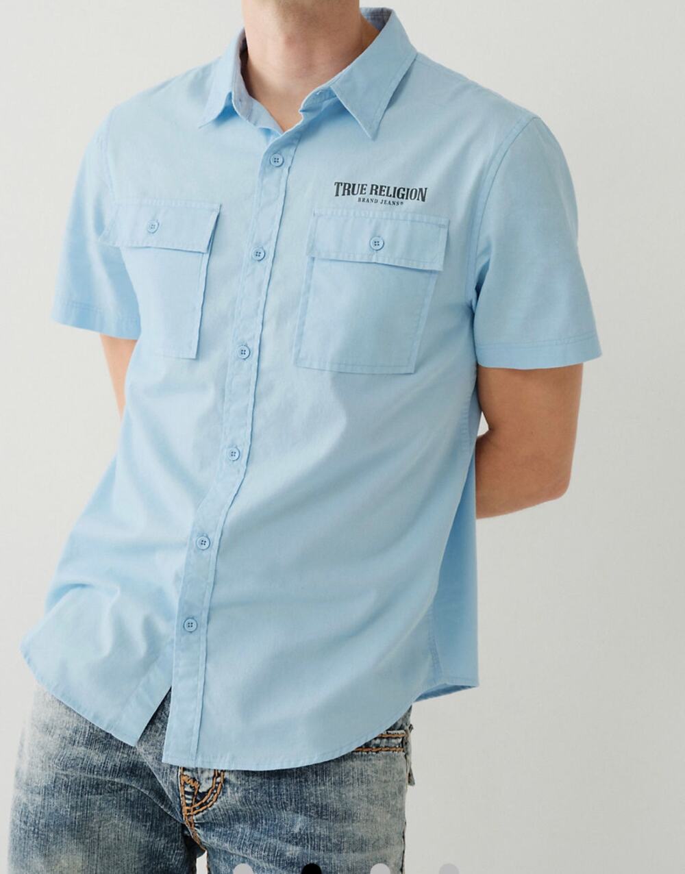 True Religion Utility Button Down Short Sleeve Shirt Light Blue M